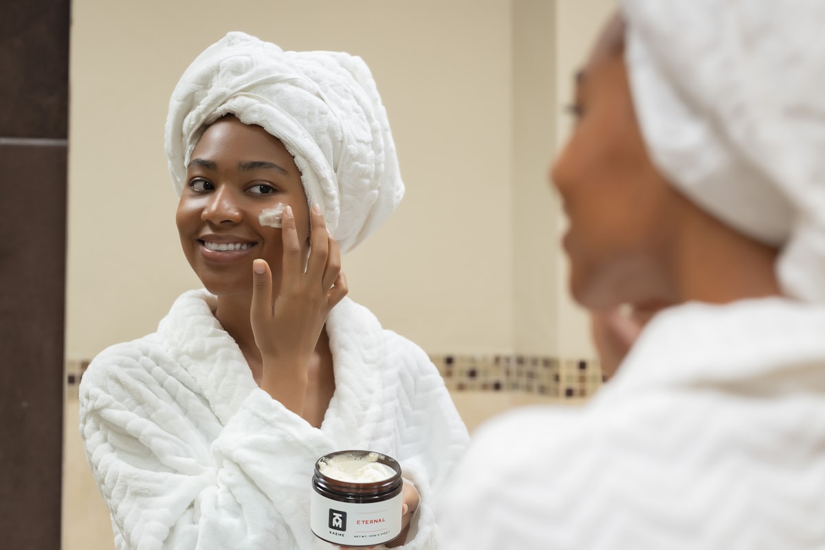 Skincare routine at the mirror